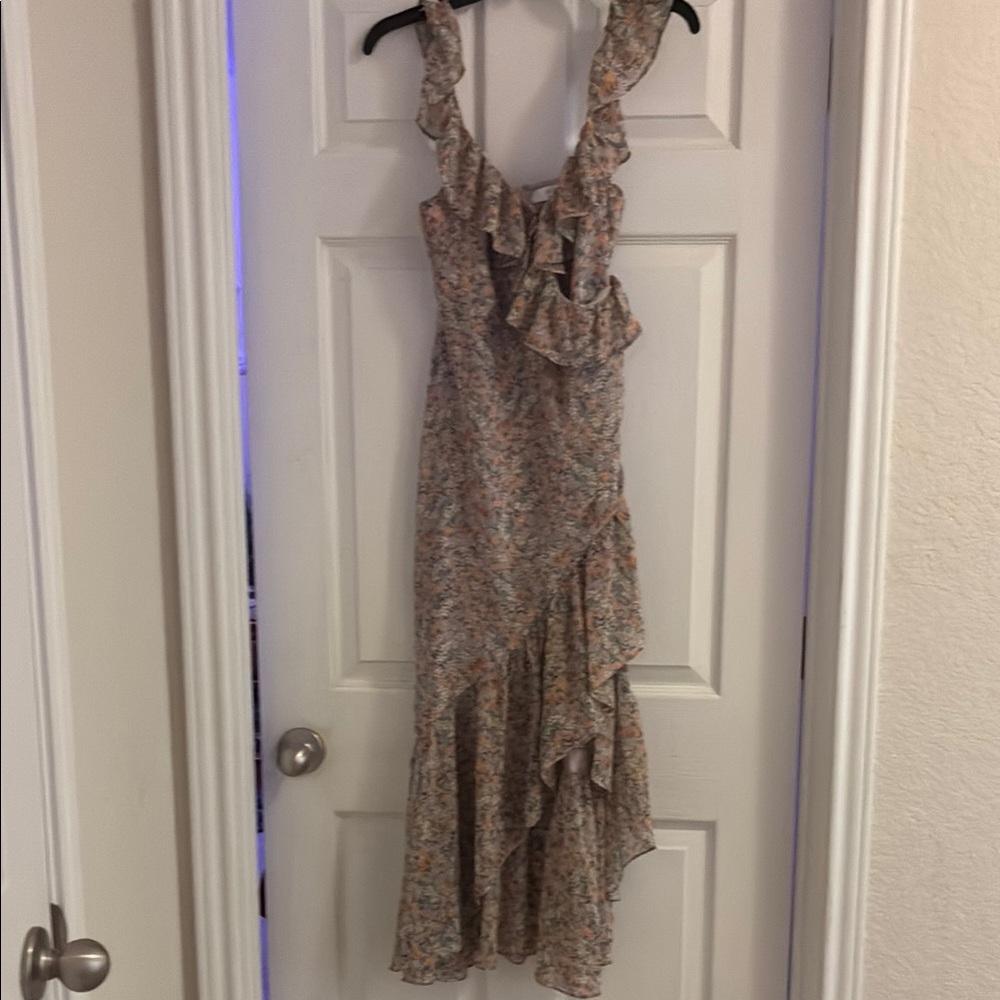 Astr Tan and Brown Asymmetrical Ruffled Wrap Sundress